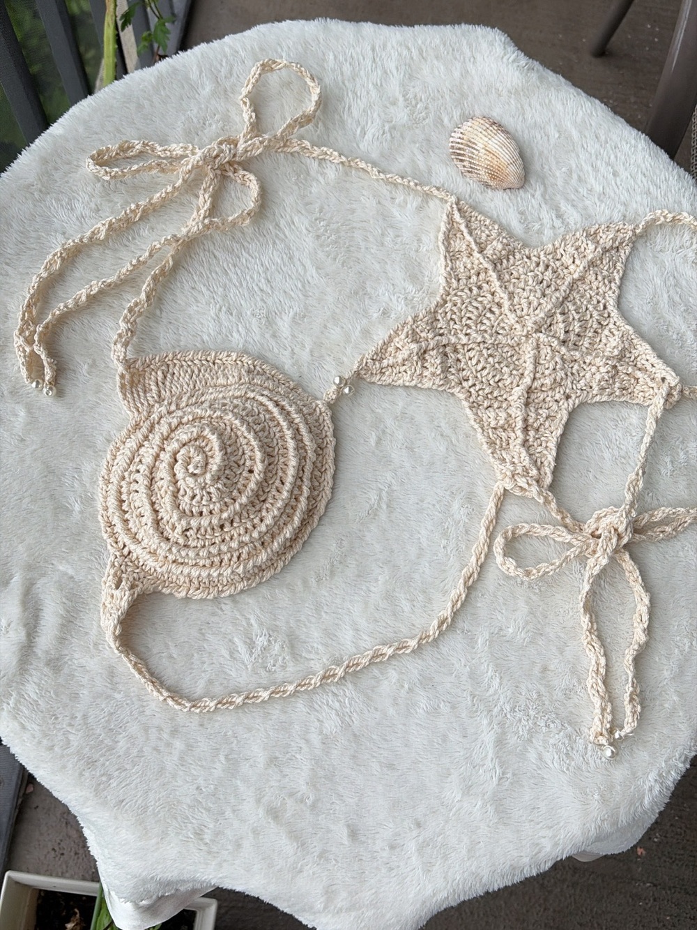 Handmade Crochet Beach Star & Shell Bikini Top - Beige Size C cup